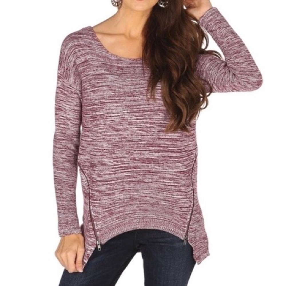 Dear John Womens Burgundy Marled Scoop Neck Sweater Zipper Detail size Large